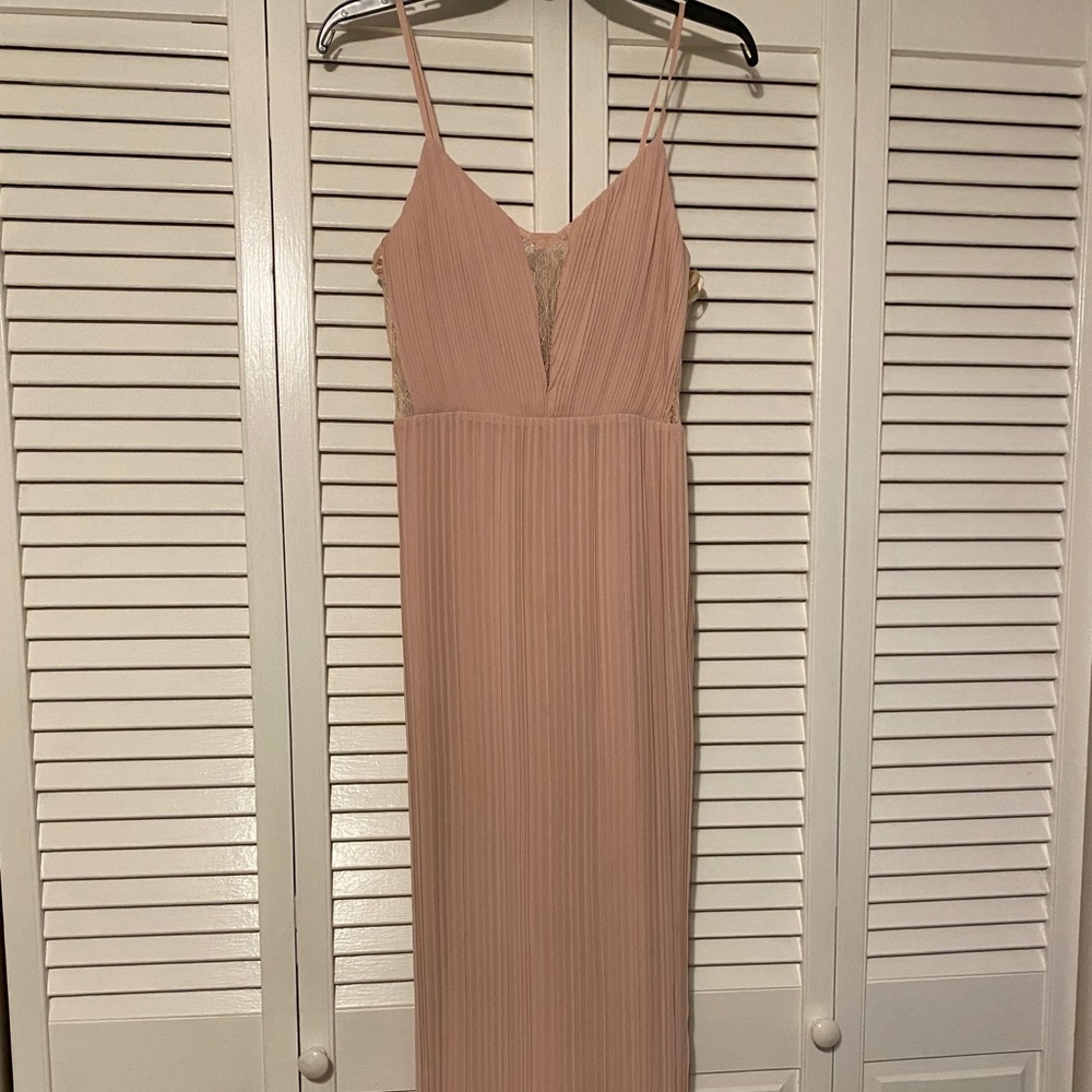 BCBG blush pleated gown with lace detail
